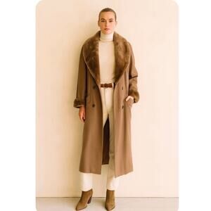 NWT Vintage Lorovi Camel Wool Coat With Faux Fur Trim  Trench Coat Medium